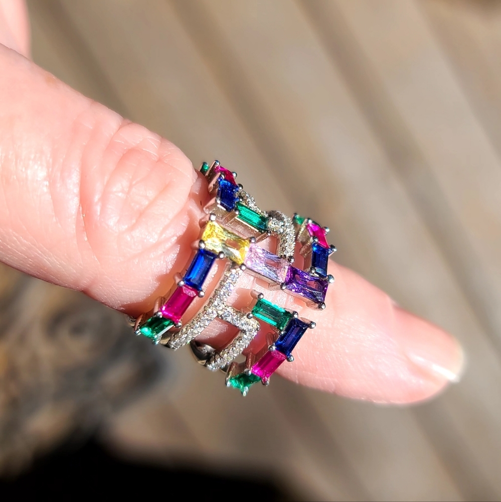 Multi Gem bagette sterling barrel ring sz 5.5